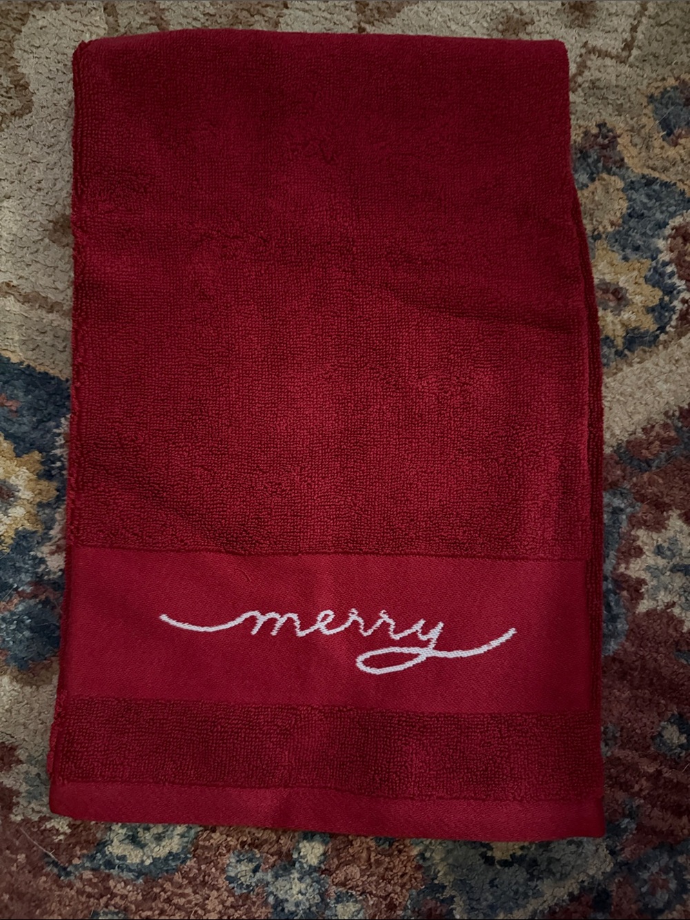 Pottery Barn Red 'Merry' Embroidered Holiday Hand Towel